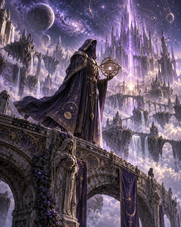 Original fantasy artwork of a celestial architect above a floating violet citadel