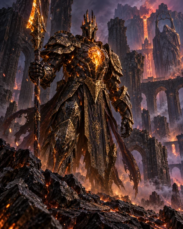 Original fantasy artwork of an obsidian guardian with an ember heart in volcanic ruins