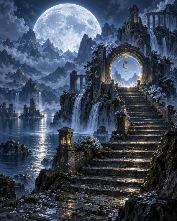 Original fantasy artwork of a moonlit stone gateway above an alpine lake